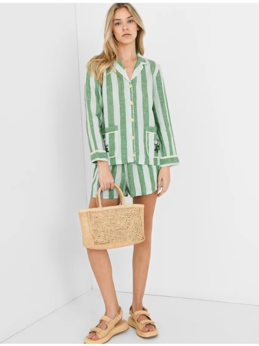 Trovata Green and White Striped Linen Blend Jacket